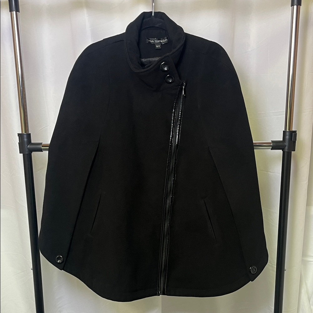Via Spiga Women's asymmetrical zip-front funnel neck cape coat black size 0/1